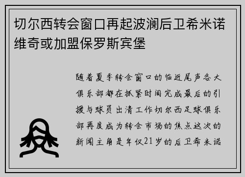 切尔西转会窗口再起波澜后卫希米诺维奇或加盟保罗斯宾堡